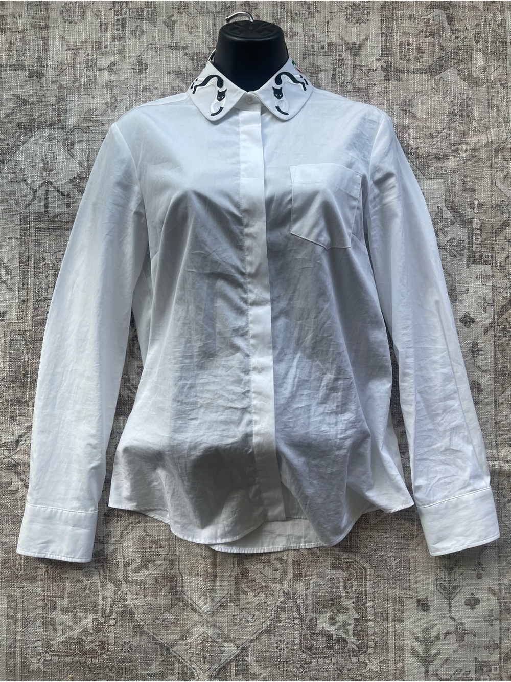MaxMara Weekend White Chatmise Cat Collar Embroidered Button-Down Shirt
